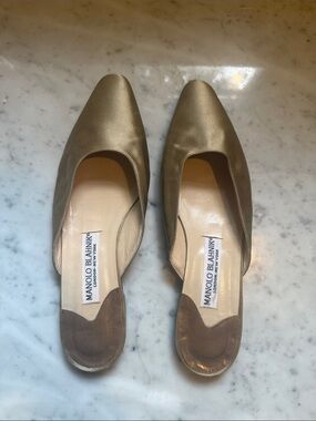 Manolo Blahnik Gold Satin Pointed-Toe Mules